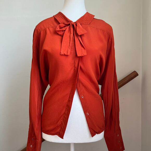 Vintage Orange 100% Silk‎ Bow Tie Peter Pan Collar Secretary Blouse Top - Picture 11 of 13